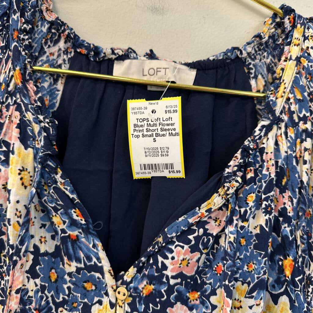 Loft Blue/ Multi Flower Print Short Sleeve Top Small