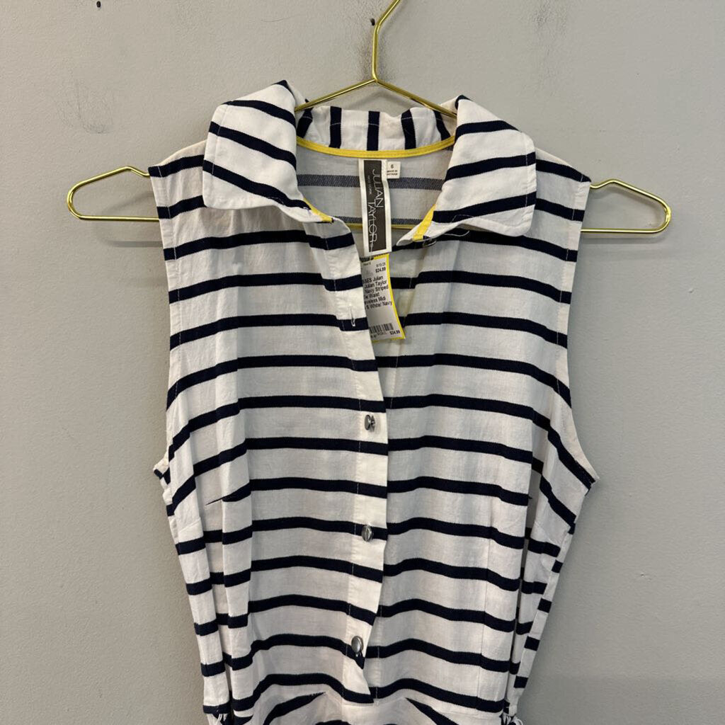 Julian Taylor White/ Navy Striped Tie Waist Sleeveless Midi Dress 6