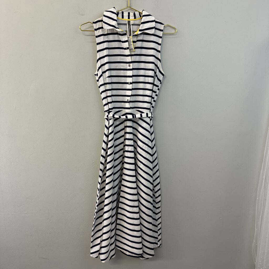 Julian Taylor White/ Navy Striped Tie Waist Sleeveless Midi Dress 6