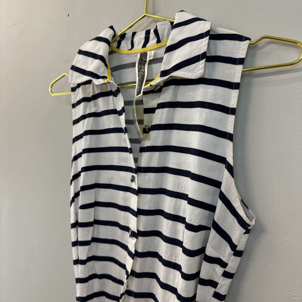 Julian Taylor White/ Navy Striped Tie Waist Sleeveless Midi Dress 6
