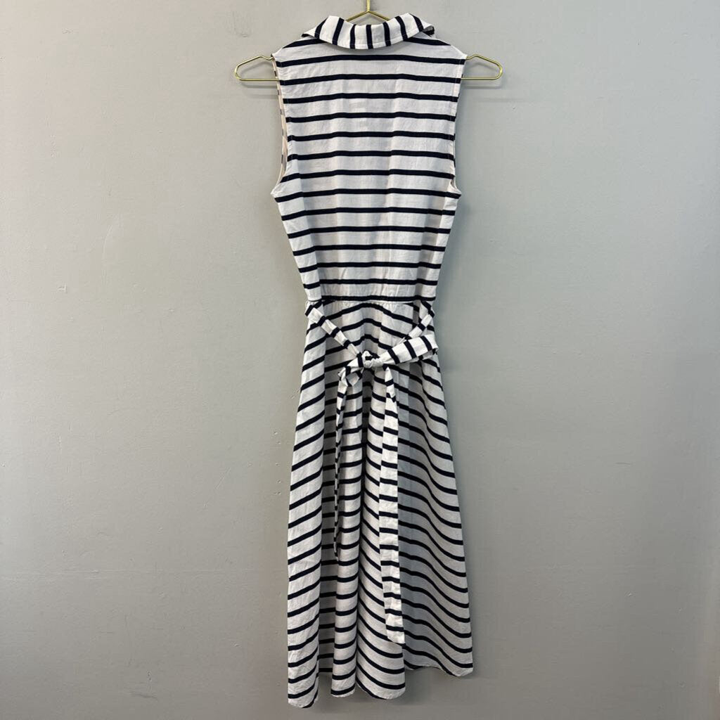 Julian Taylor White/ Navy Striped Tie Waist Sleeveless Midi Dress 6