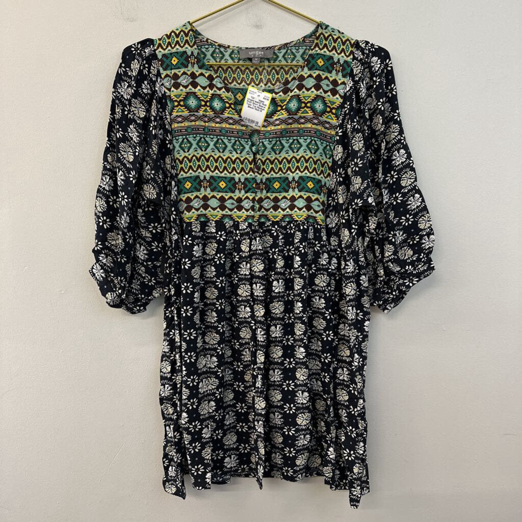 Umgee Black/ Multi Print Short Sleeve Tunic Top Medium