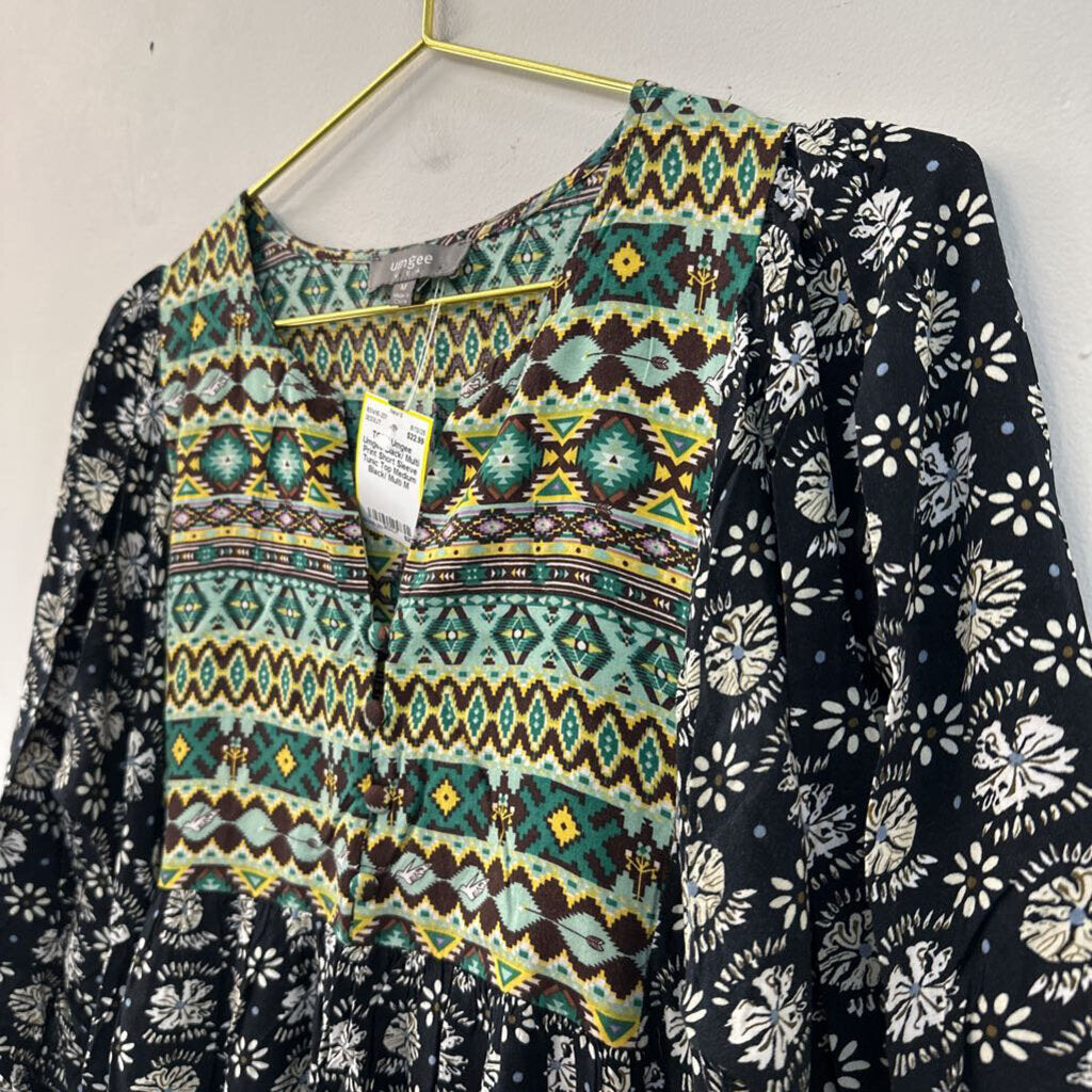 Umgee Black/ Multi Print Short Sleeve Tunic Top Medium