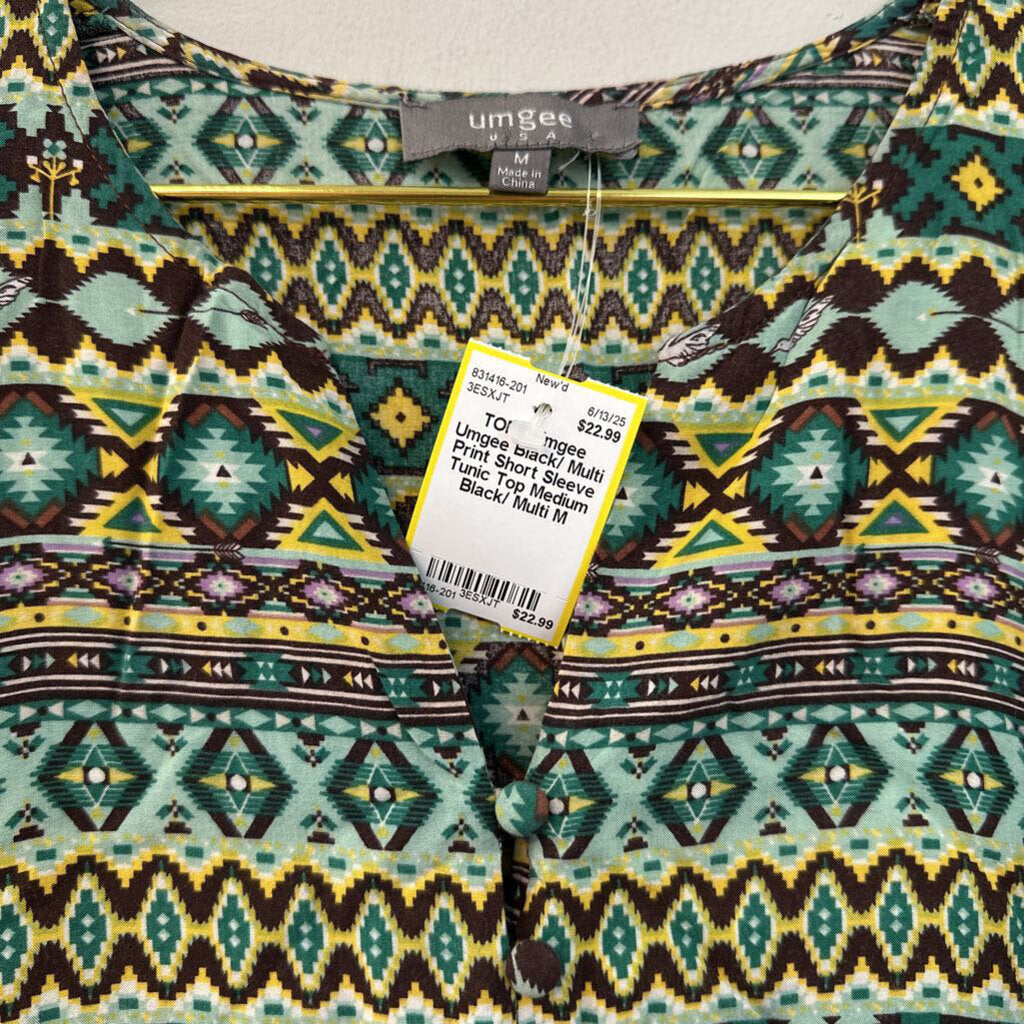 Umgee Black/ Multi Print Short Sleeve Tunic Top Medium