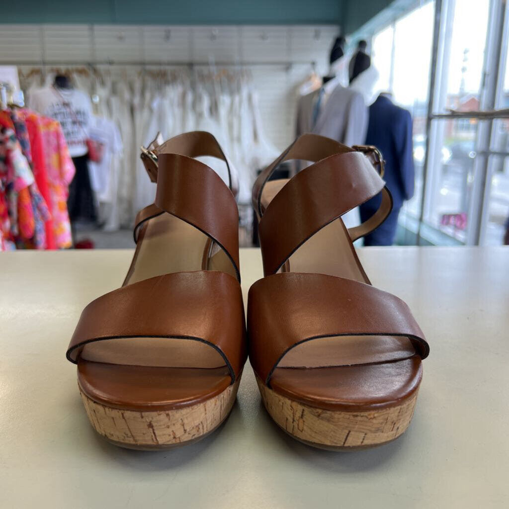 Franco Sarto Brown Leather Strap Cork Wedge Heels 9