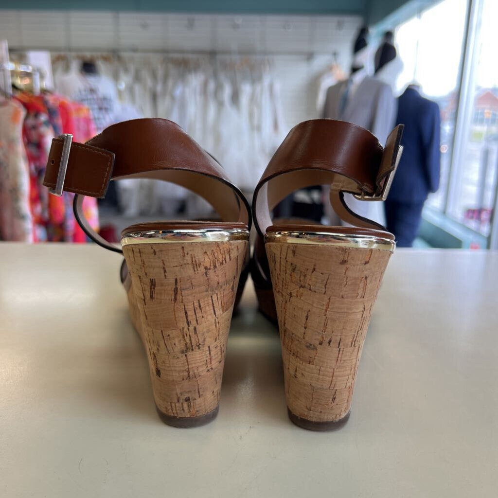 Franco Sarto Brown Leather Strap Cork Wedge Heels 9