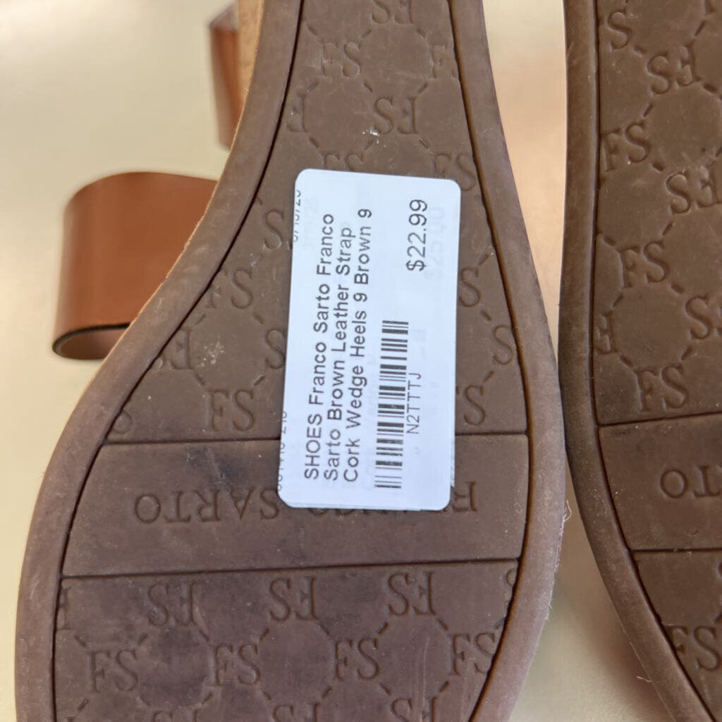Franco Sarto Brown Leather Strap Cork Wedge Heels 9