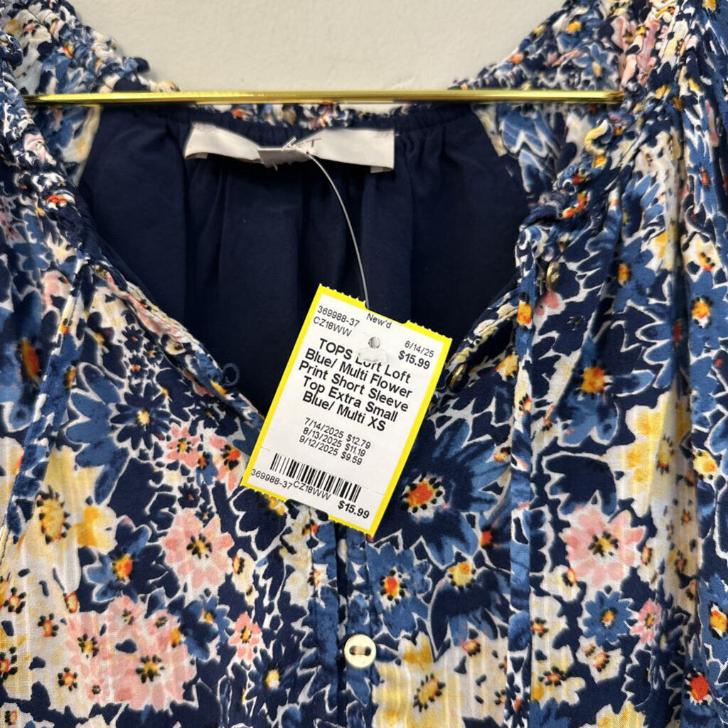 Loft Blue/ Multi Flower Print Short Sleeve Top Extra Small