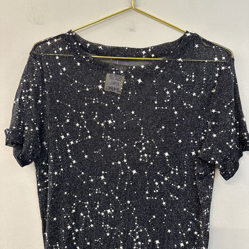 Black/ White Sheer Star Print Short Sleeve Top Small