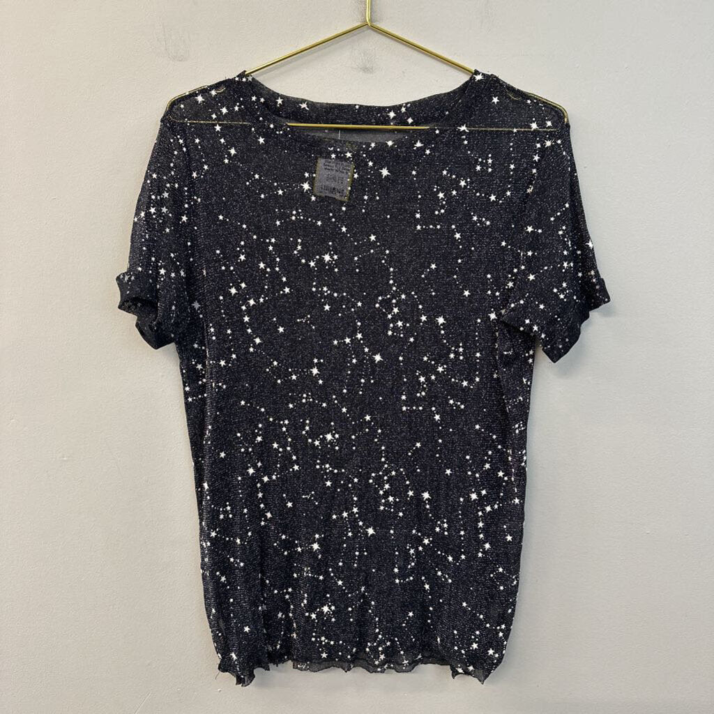 Black/ White Sheer Star Print Short Sleeve Top Small