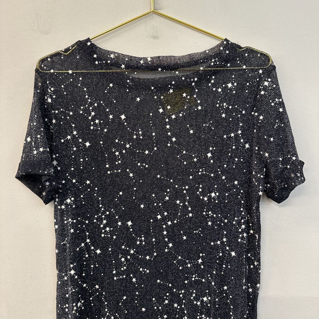 Black/ White Sheer Star Print Short Sleeve Top Small