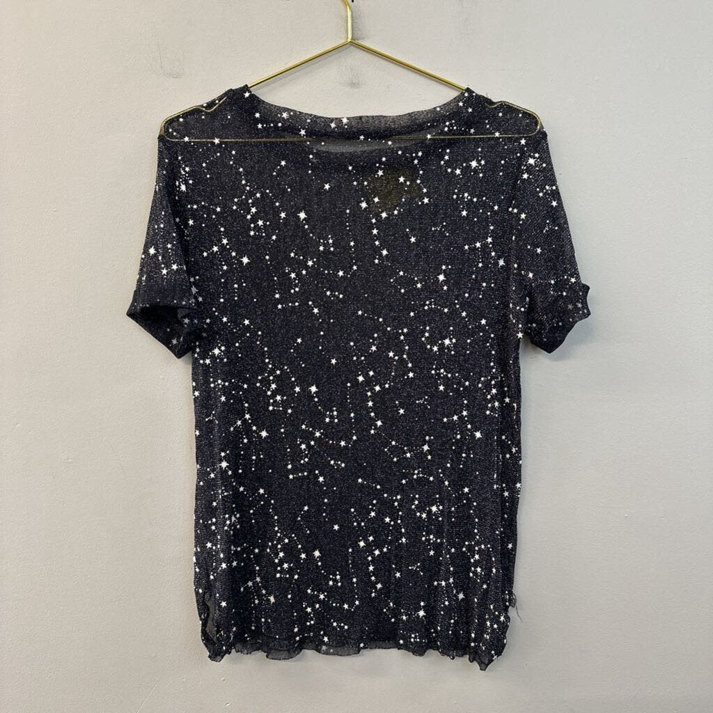 Black/ White Sheer Star Print Short Sleeve Top Small