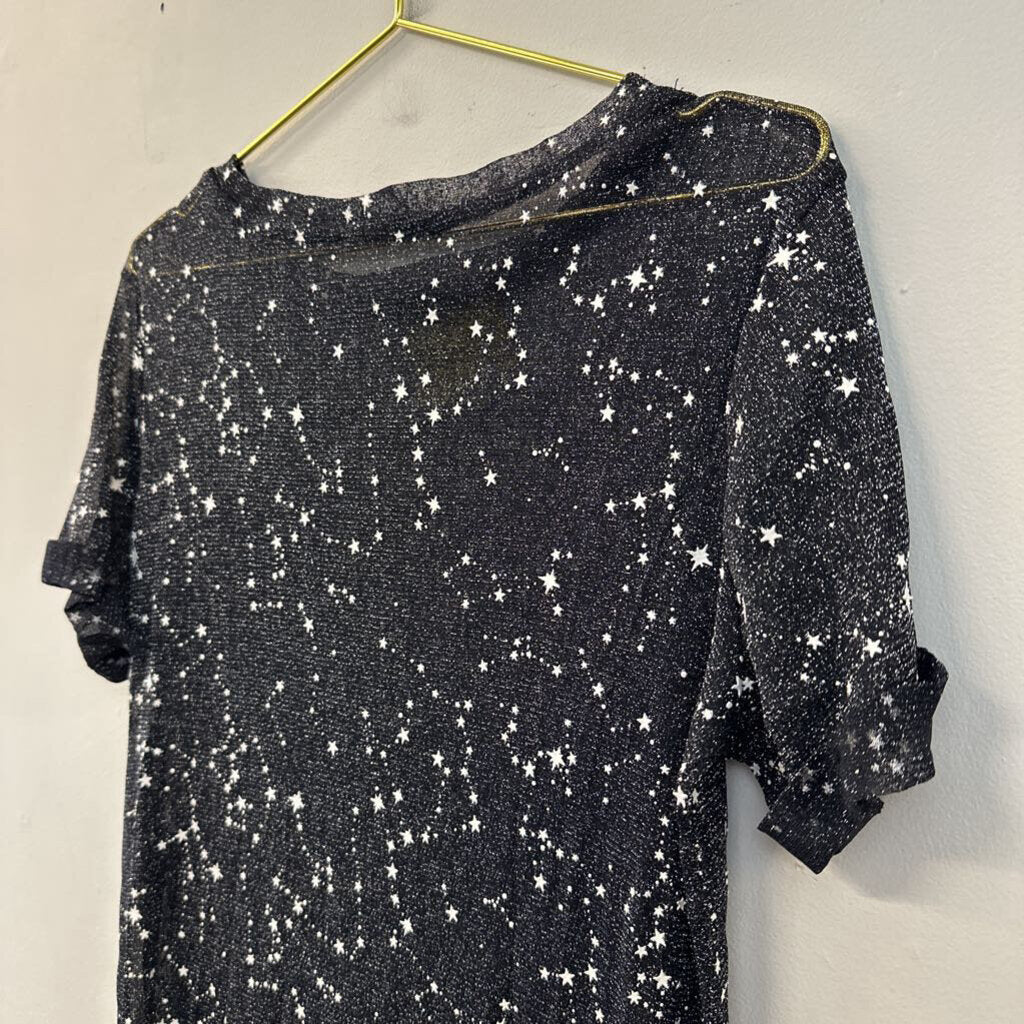 Black/ White Sheer Star Print Short Sleeve Top Small