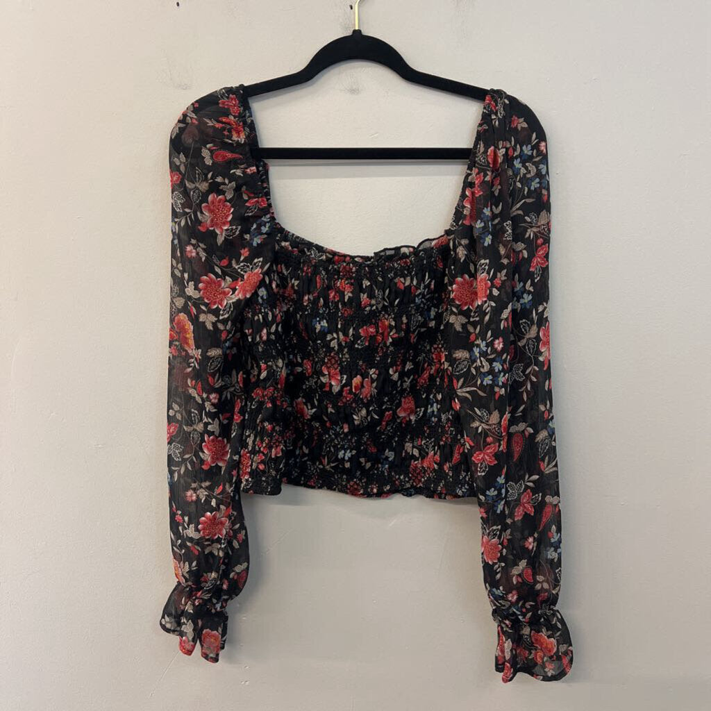 Mi Ami Black/ Multi Long Sleeve Smocked Top Large