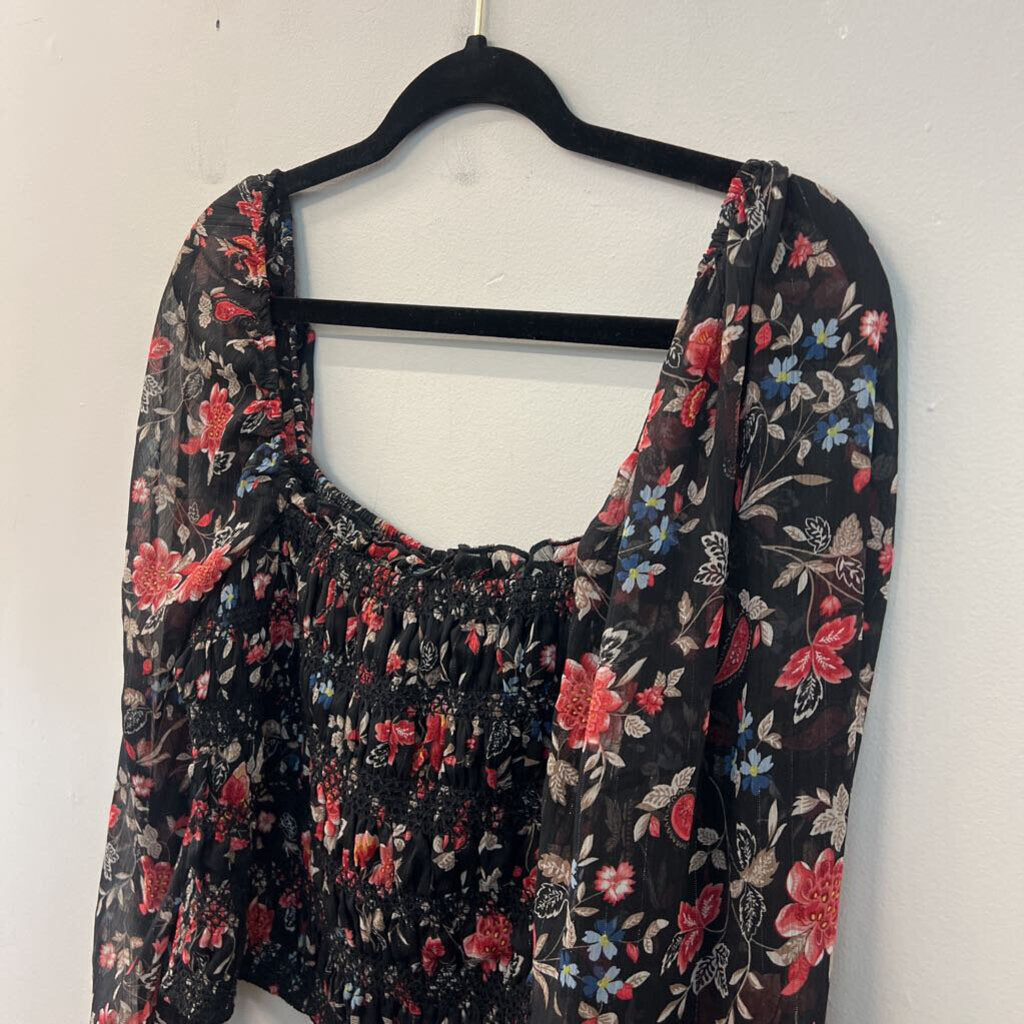 Mi Ami Black/ Multi Long Sleeve Smocked Top Large
