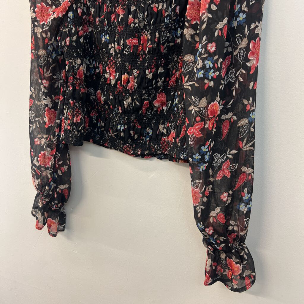 Mi Ami Black/ Multi Long Sleeve Smocked Top Large