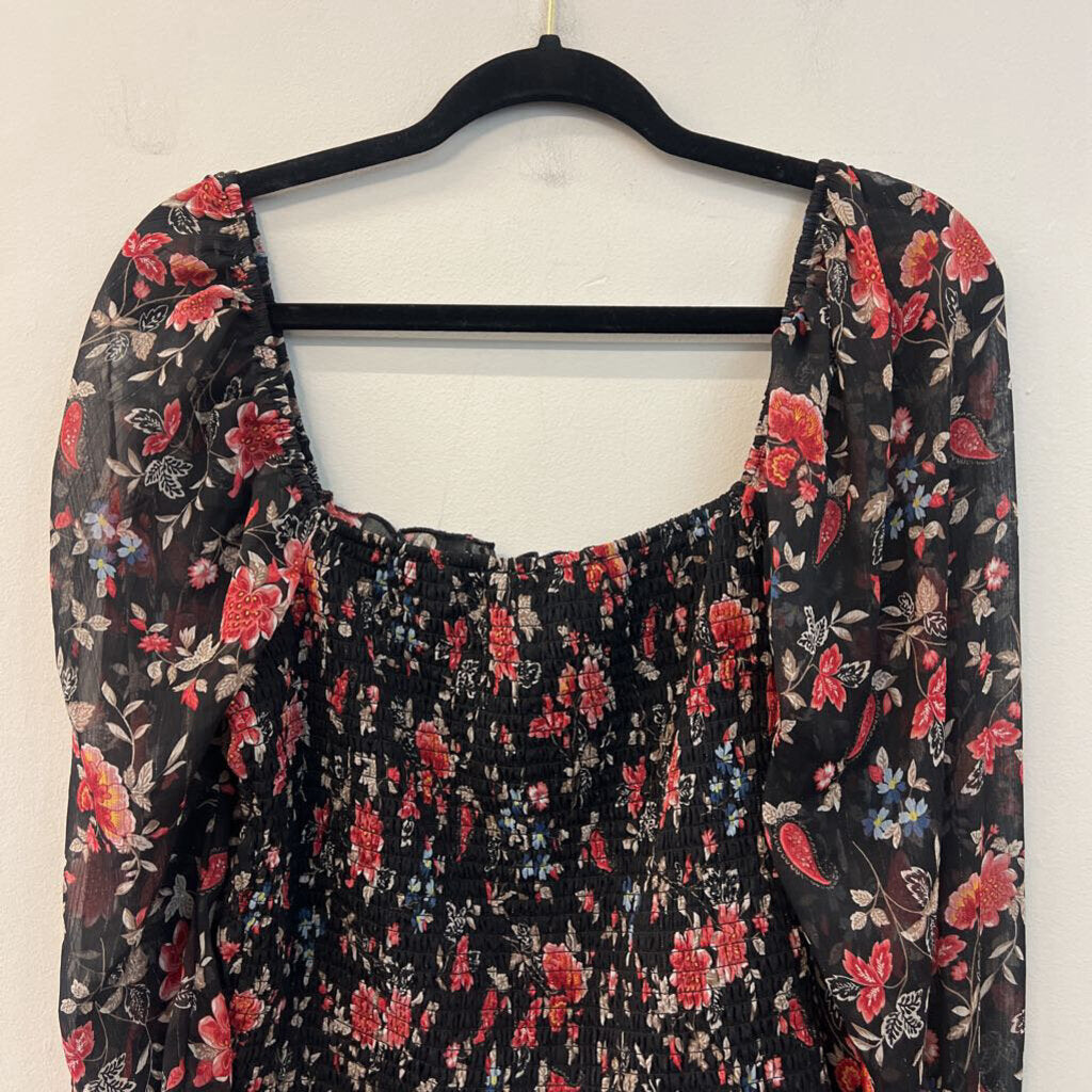 Mi Ami Black/ Multi Long Sleeve Smocked Top Large