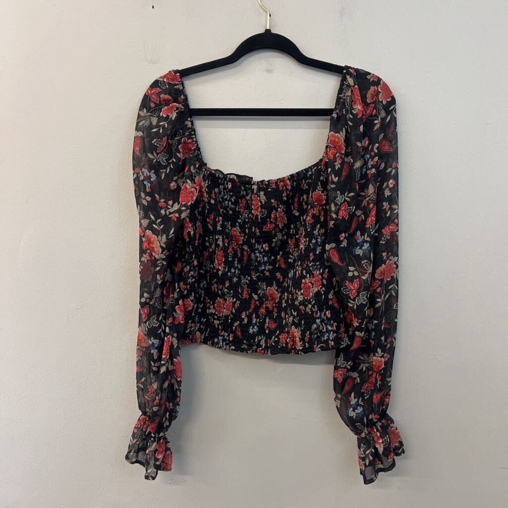 Mi Ami Black/ Multi Long Sleeve Smocked Top Large