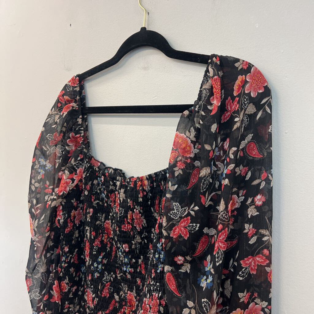 Mi Ami Black/ Multi Long Sleeve Smocked Top Large