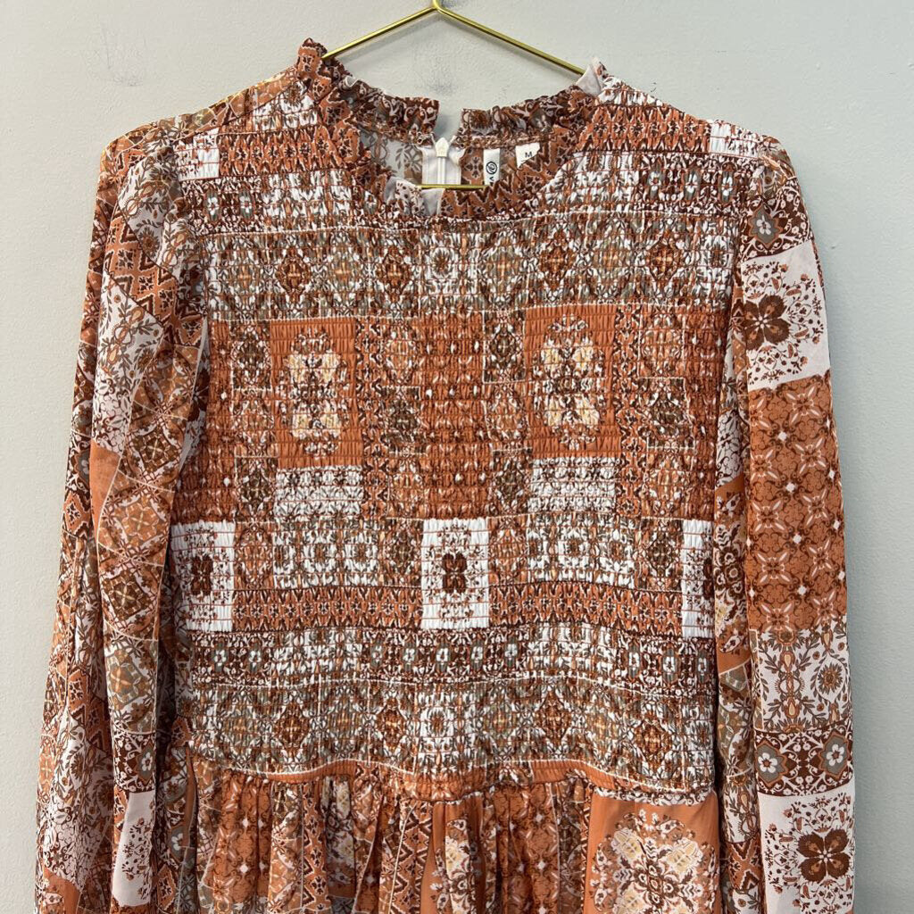Orange/ Multi Print Long Sleeve Smocked Top Dress Medium