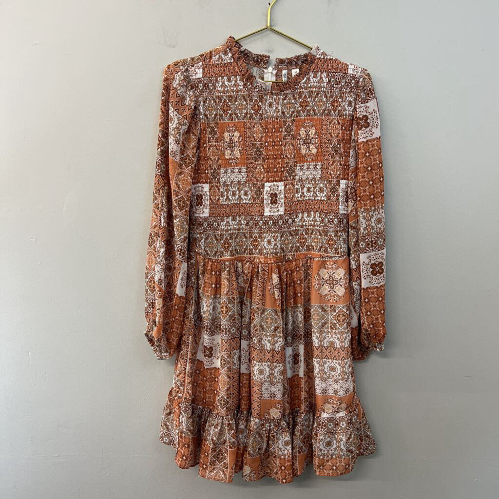 Orange/ Multi Print Long Sleeve Smocked Top Dress Medium