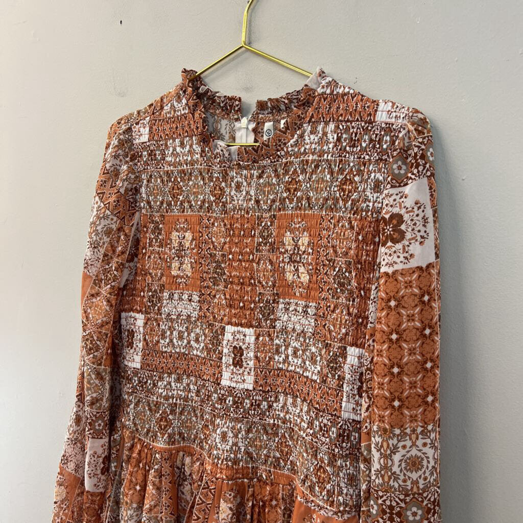 Orange/ Multi Print Long Sleeve Smocked Top Dress Medium