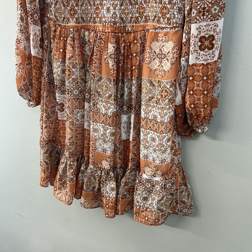 Orange/ Multi Print Long Sleeve Smocked Top Dress Medium