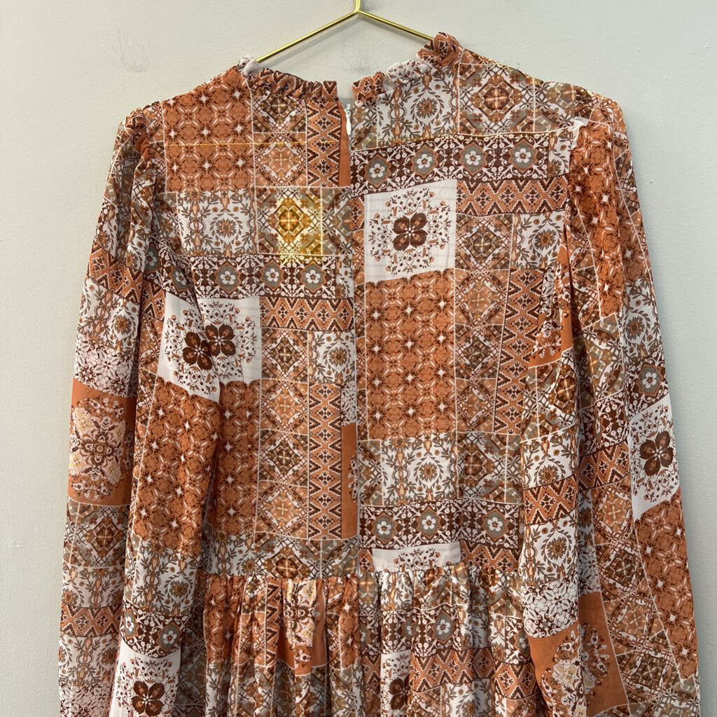 Orange/ Multi Print Long Sleeve Smocked Top Dress Medium