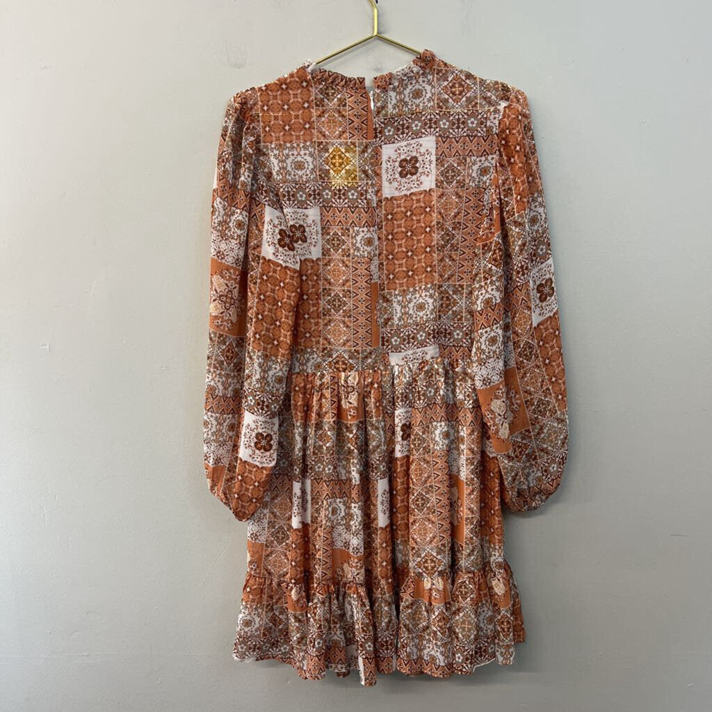 Orange/ Multi Print Long Sleeve Smocked Top Dress Medium