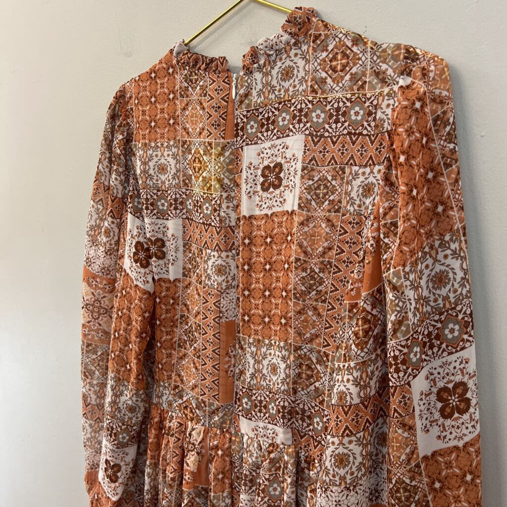 Orange/ Multi Print Long Sleeve Smocked Top Dress Medium