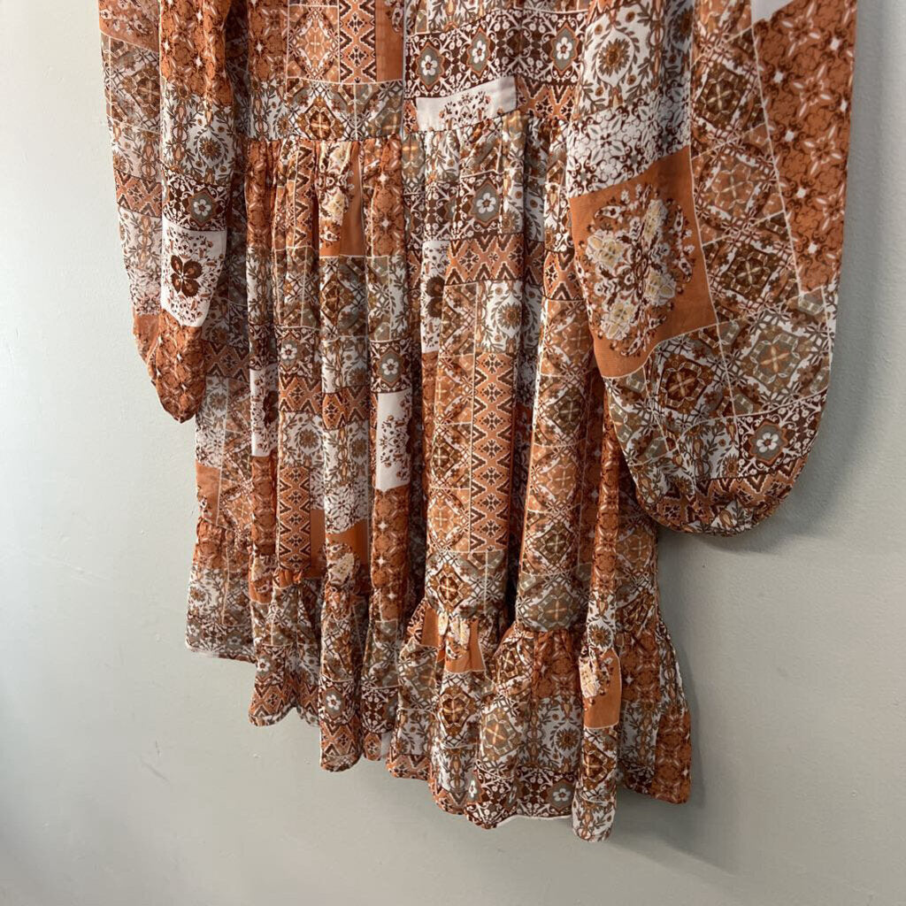 Orange/ Multi Print Long Sleeve Smocked Top Dress Medium