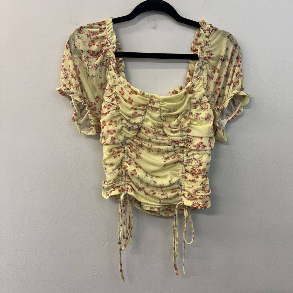 Versona Green/ Red Flower Print Short Puff Sleeve Crop Top Large