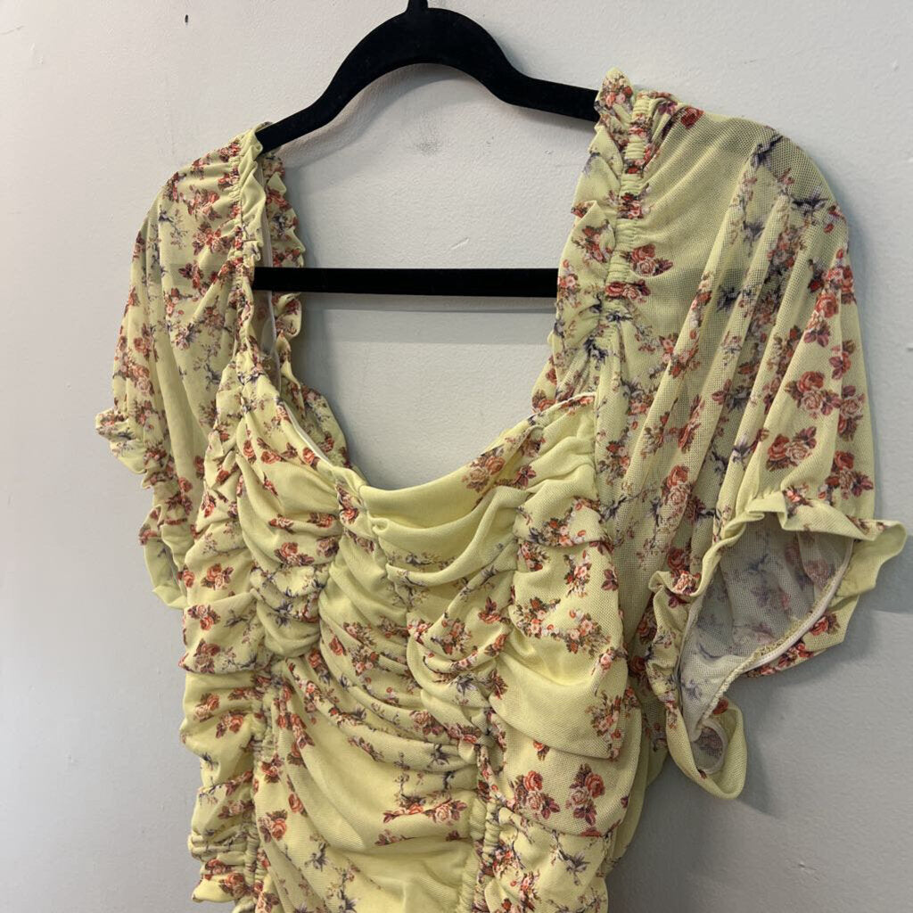 Versona Green/ Red Flower Print Short Puff Sleeve Crop Top Large