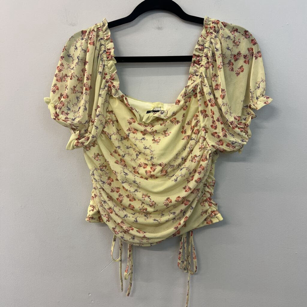 Versona Green/ Red Flower Print Short Puff Sleeve Crop Top Large