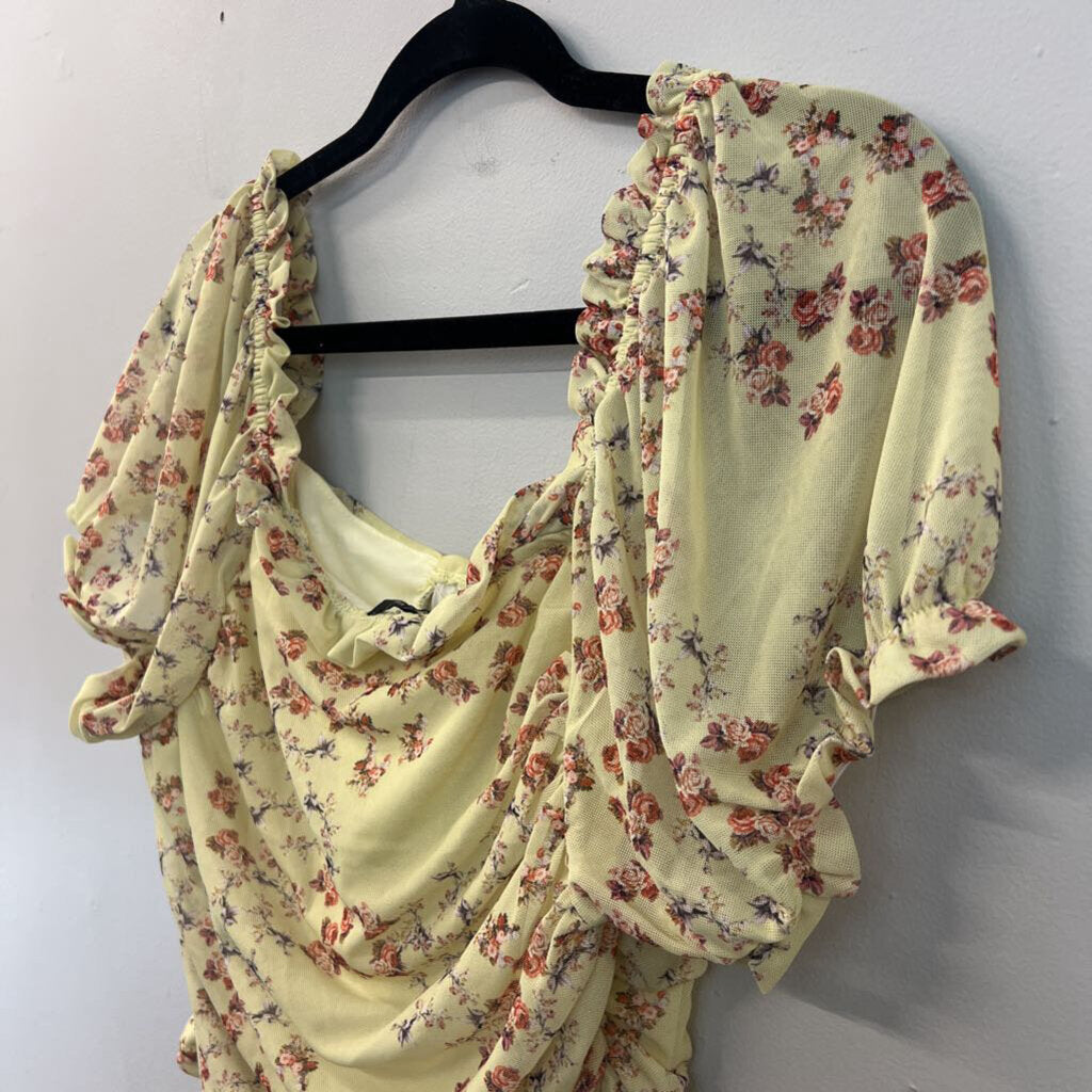 Versona Green/ Red Flower Print Short Puff Sleeve Crop Top Large