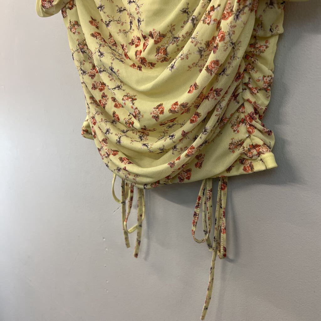 Versona Green/ Red Flower Print Short Puff Sleeve Crop Top Large