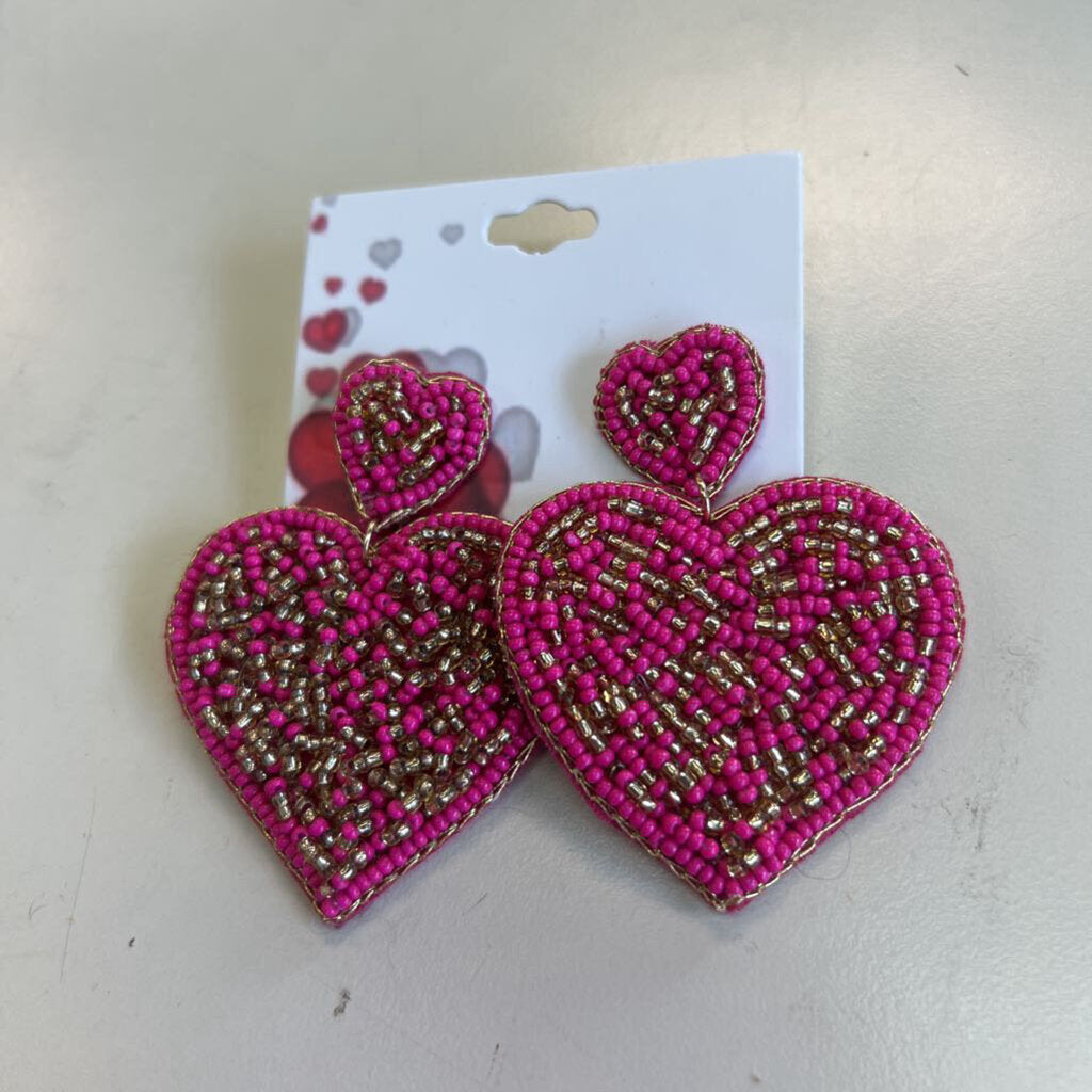Pink/ Gold Beaded Heart Statement Earrings