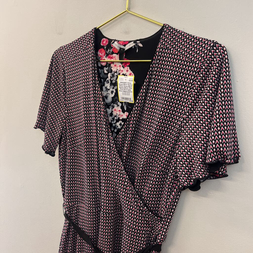 White House Black Market Black/ Pink Print Reversible Short Sleeve Dress 8