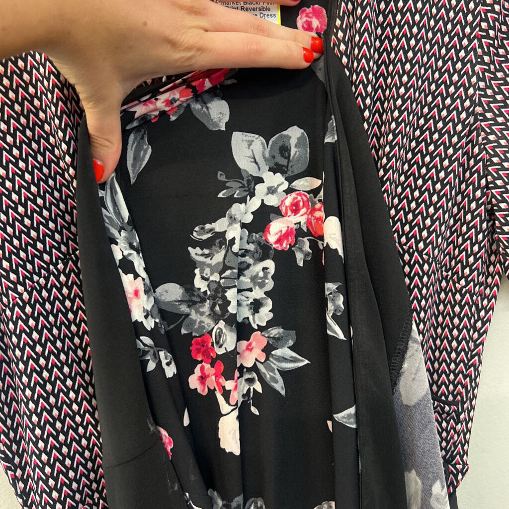 White House Black Market Black/ Pink Print Reversible Short Sleeve Dress 8