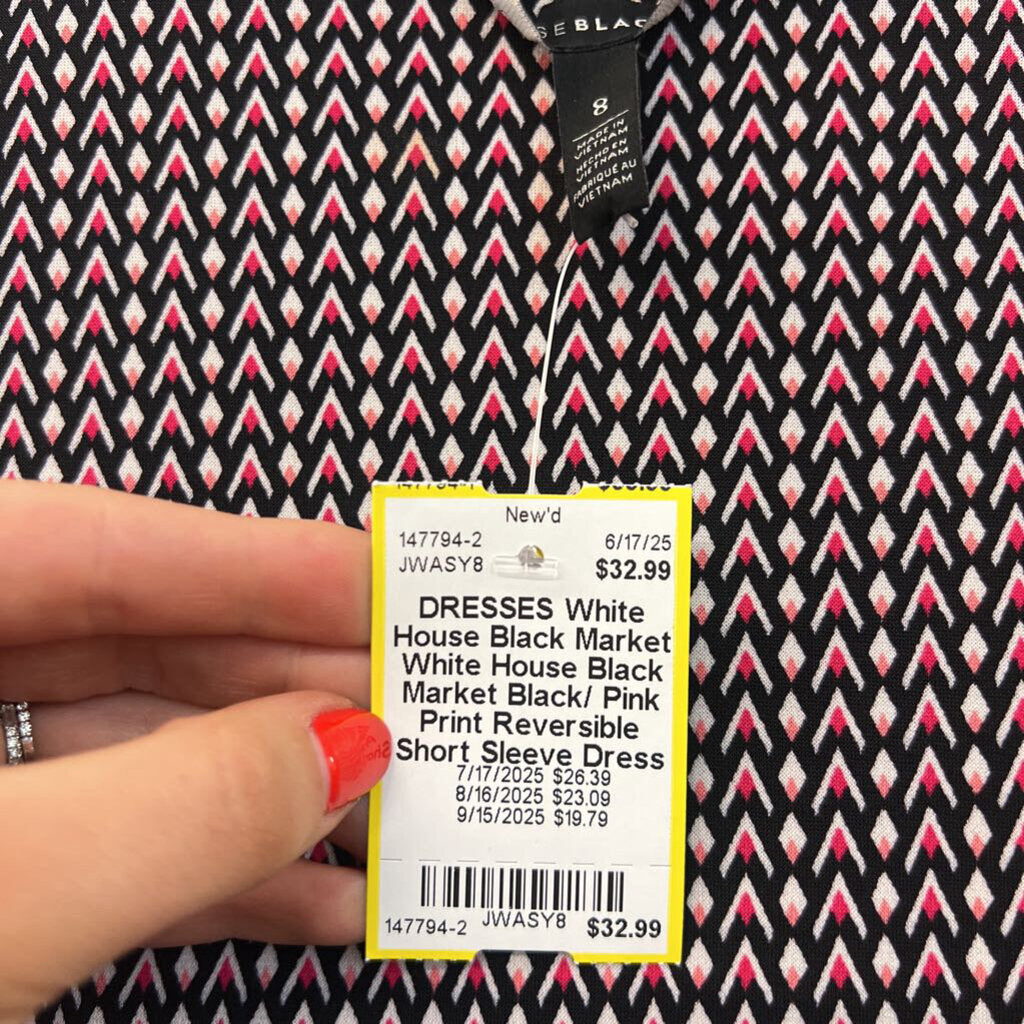 White House Black Market Black/ Pink Print Reversible Short Sleeve Dress 8