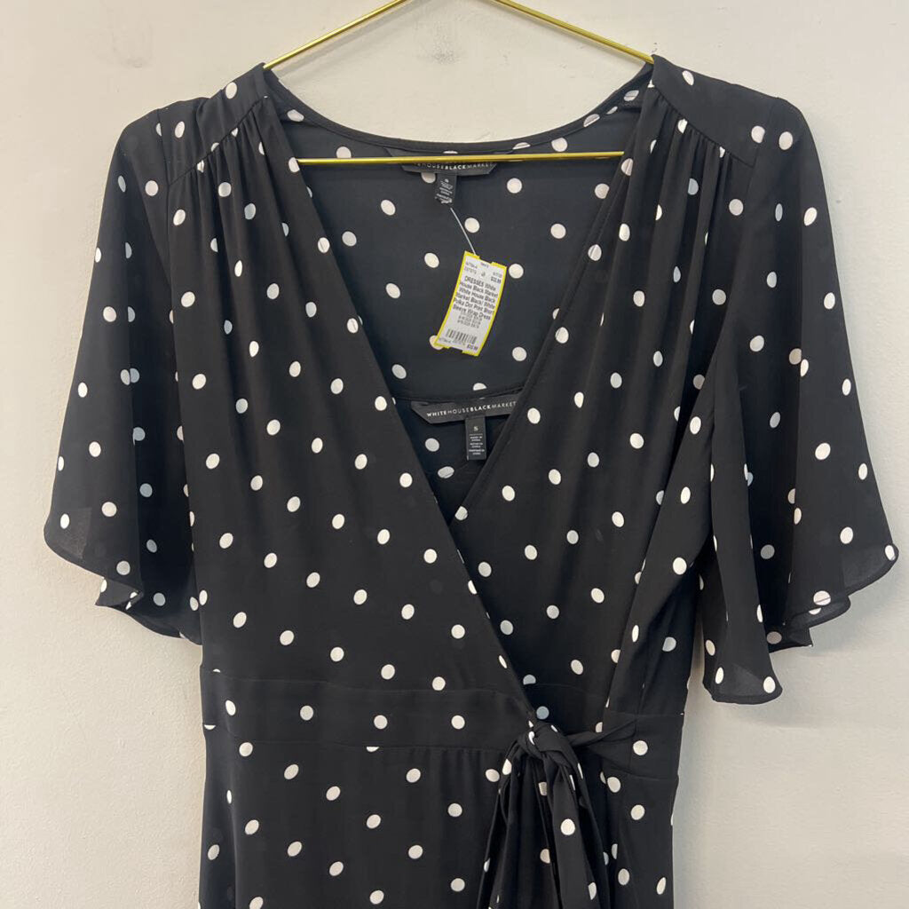 White House Black Market Black/ White Polka Dot Print Short Sleeve Wrap Dress Small