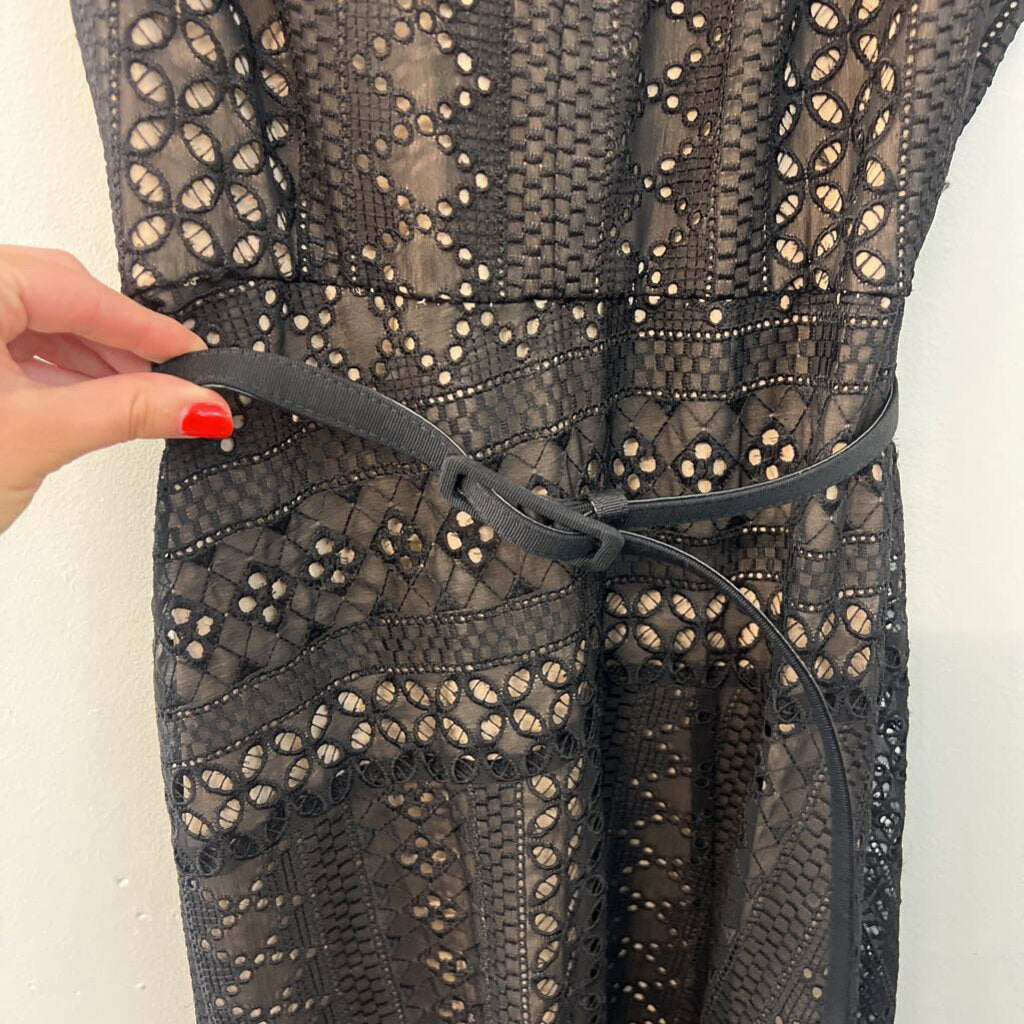 White House Black Market Black/ Beige Lace Belted Maxi Dress 4