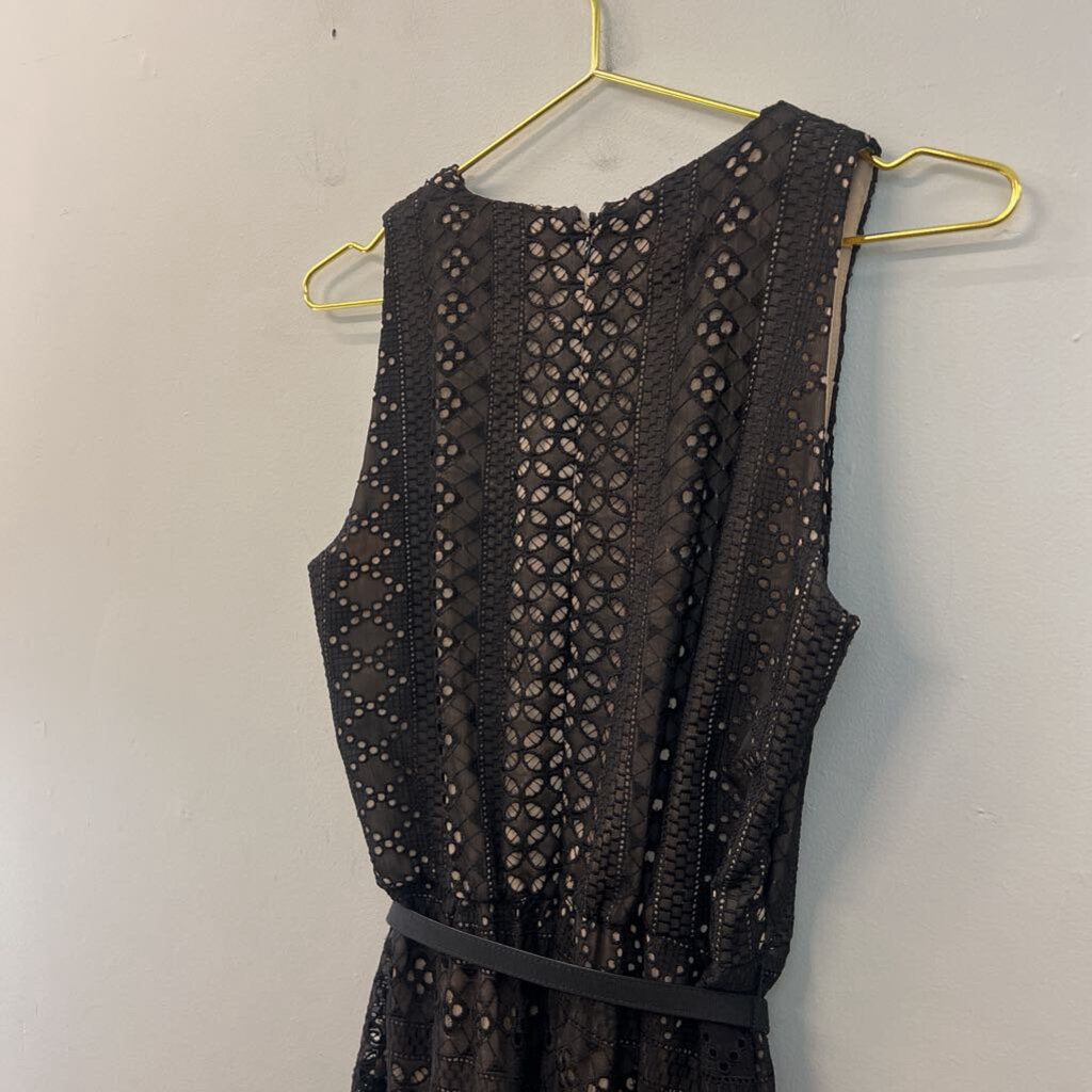 White House Black Market Black/ Beige Lace Belted Maxi Dress 4