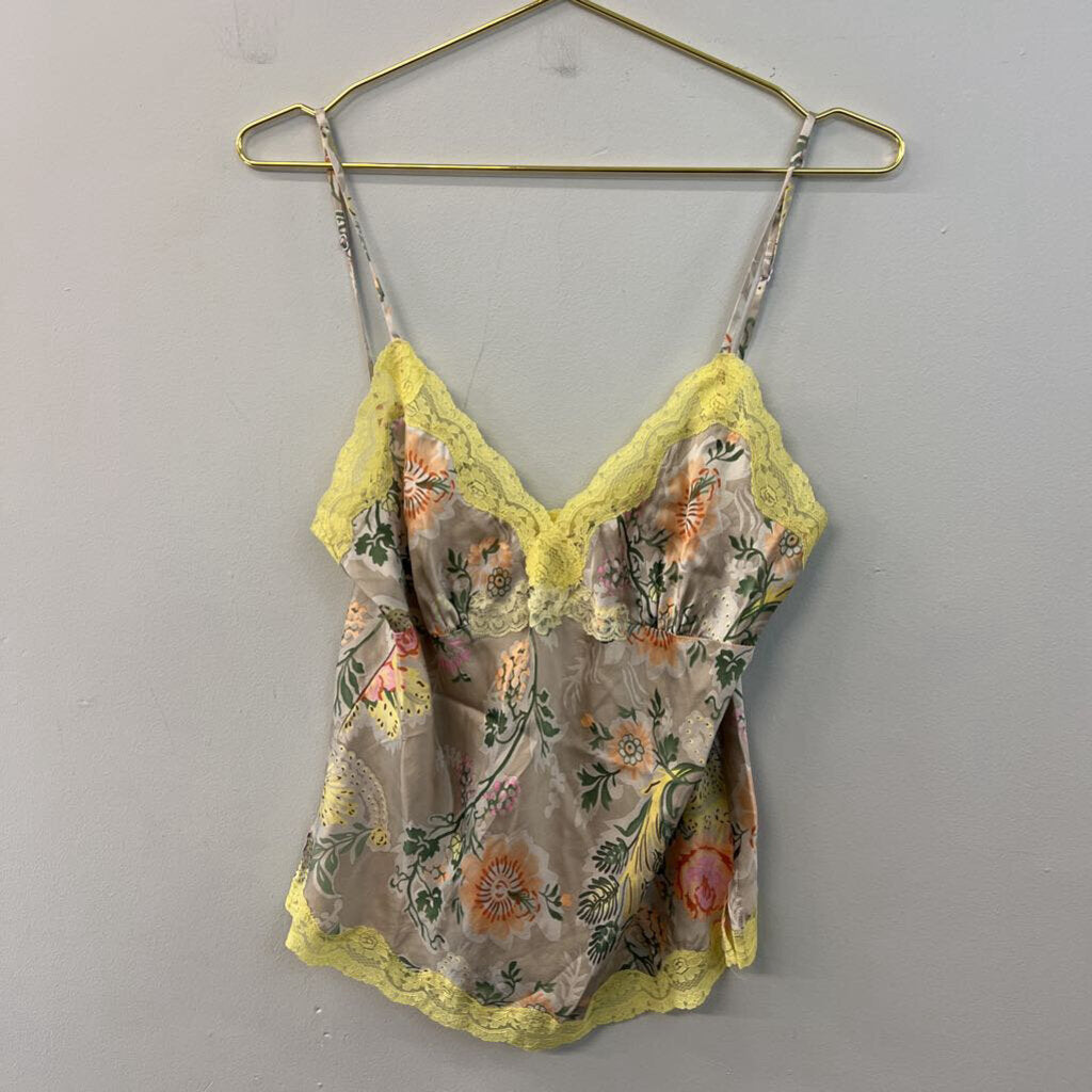 Gold Hawk Beige/ Yellow Lace Edge Flower Print Tank Top Large