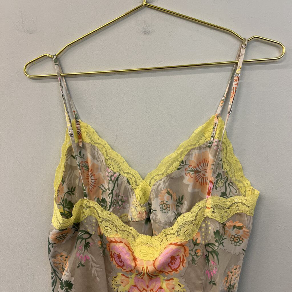 Gold Hawk Beige/ Yellow Lace Edge Flower Print Tank Top Large