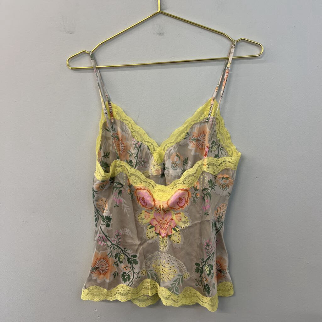 Gold Hawk Beige/ Yellow Lace Edge Flower Print Tank Top Large