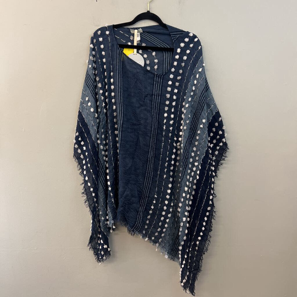 Demdaco Blue/ White Pom Pom Poncho Top One Size
