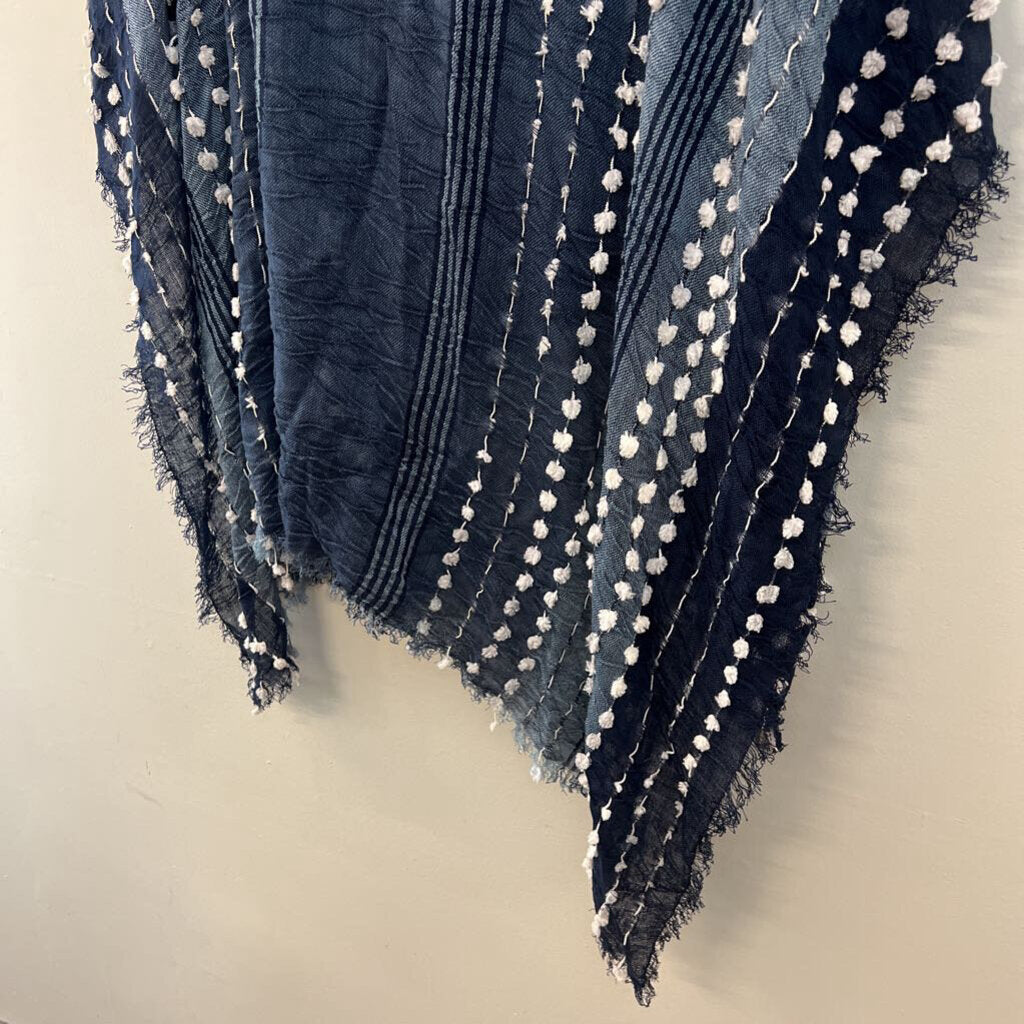 Demdaco Blue/ White Pom Pom Poncho Top One Size