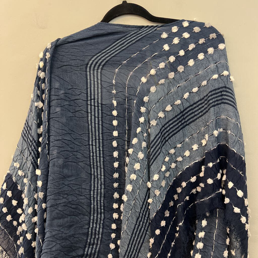 Demdaco Blue/ White Pom Pom Poncho Top One Size