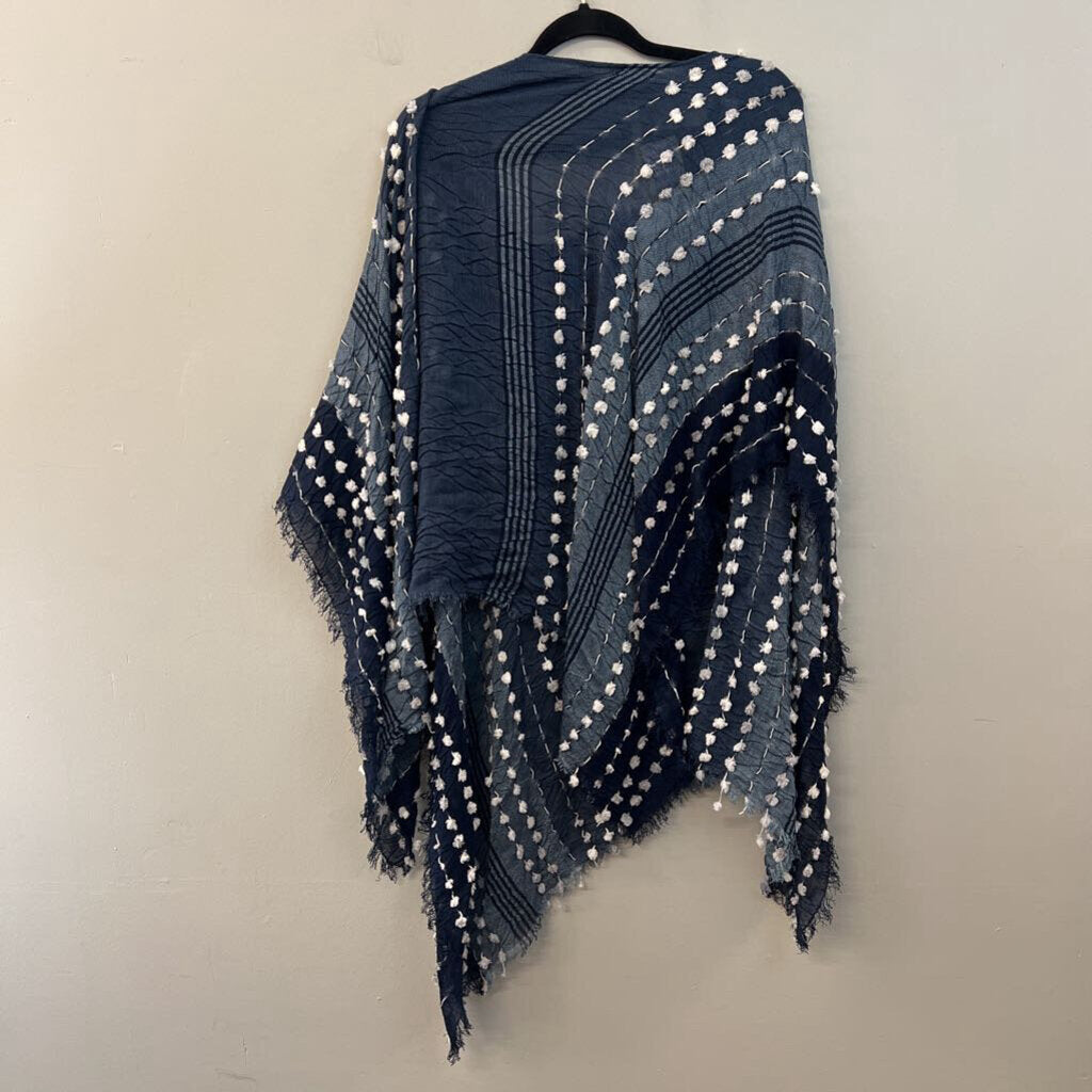 Demdaco Blue/ White Pom Pom Poncho Top One Size